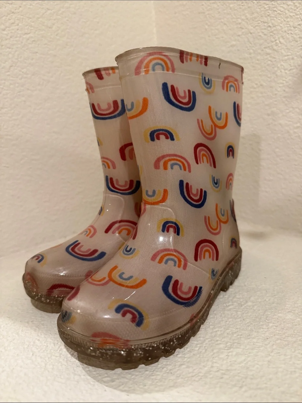 Kids Clear Pink Rain Boots with Rainbow Motif